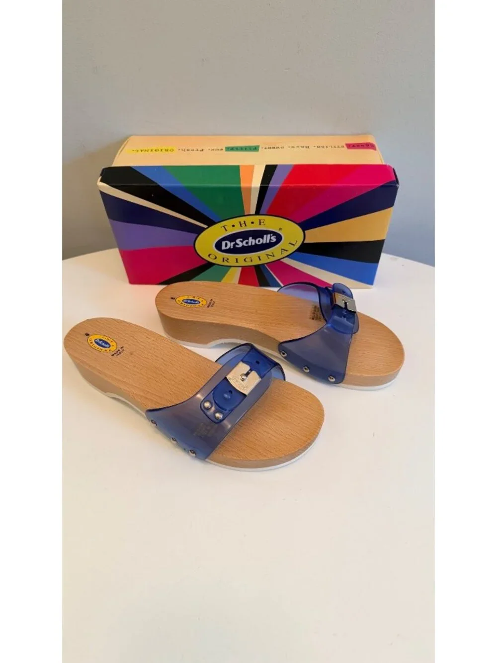 Dr Scholls Women Size 8 M Wood Exercise Clog Sandal Blue Vinyl Slide Shoe New